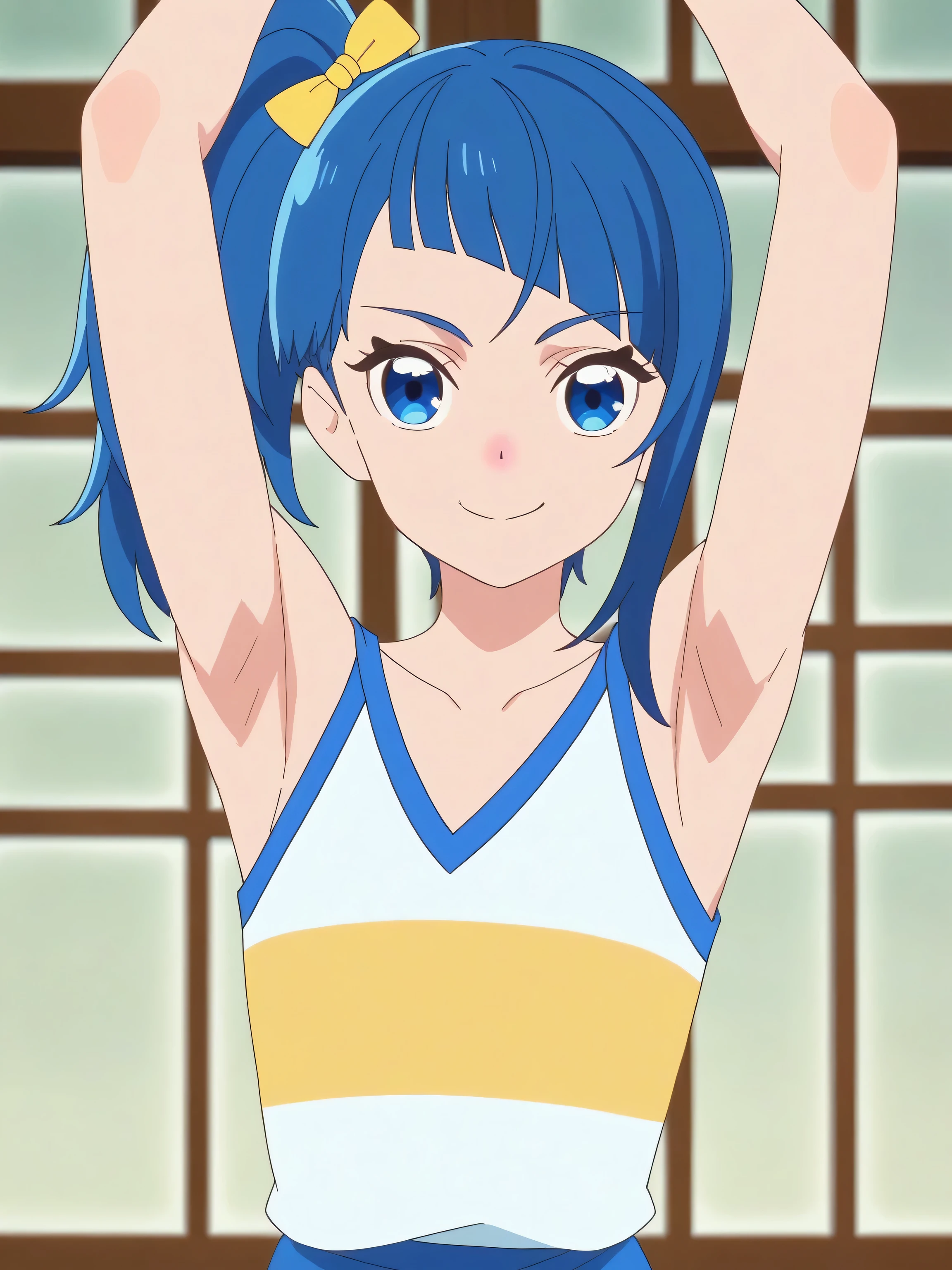 score_9, score_8_up, score_7_up, source_anime, anime screencap, 1girl, solo, indoors, Sora Harewataru, blue eyes, blue hair, side ponytail, yellow bow, white t-shirt, sleeveless t-shirt, bare shoulders, bare arms, looking at viewer, eye contact with viewer, smile, closed mouth, arms behind head, armpits, in the center, symmetrical, 