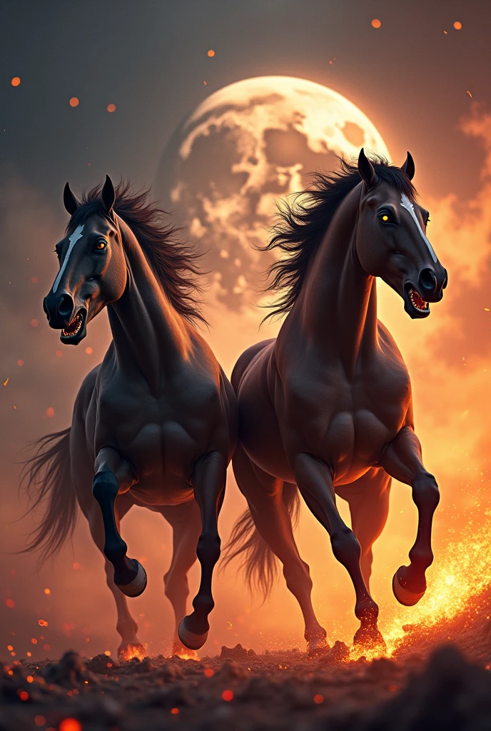 Two Angry Hourse and fire background in space moon