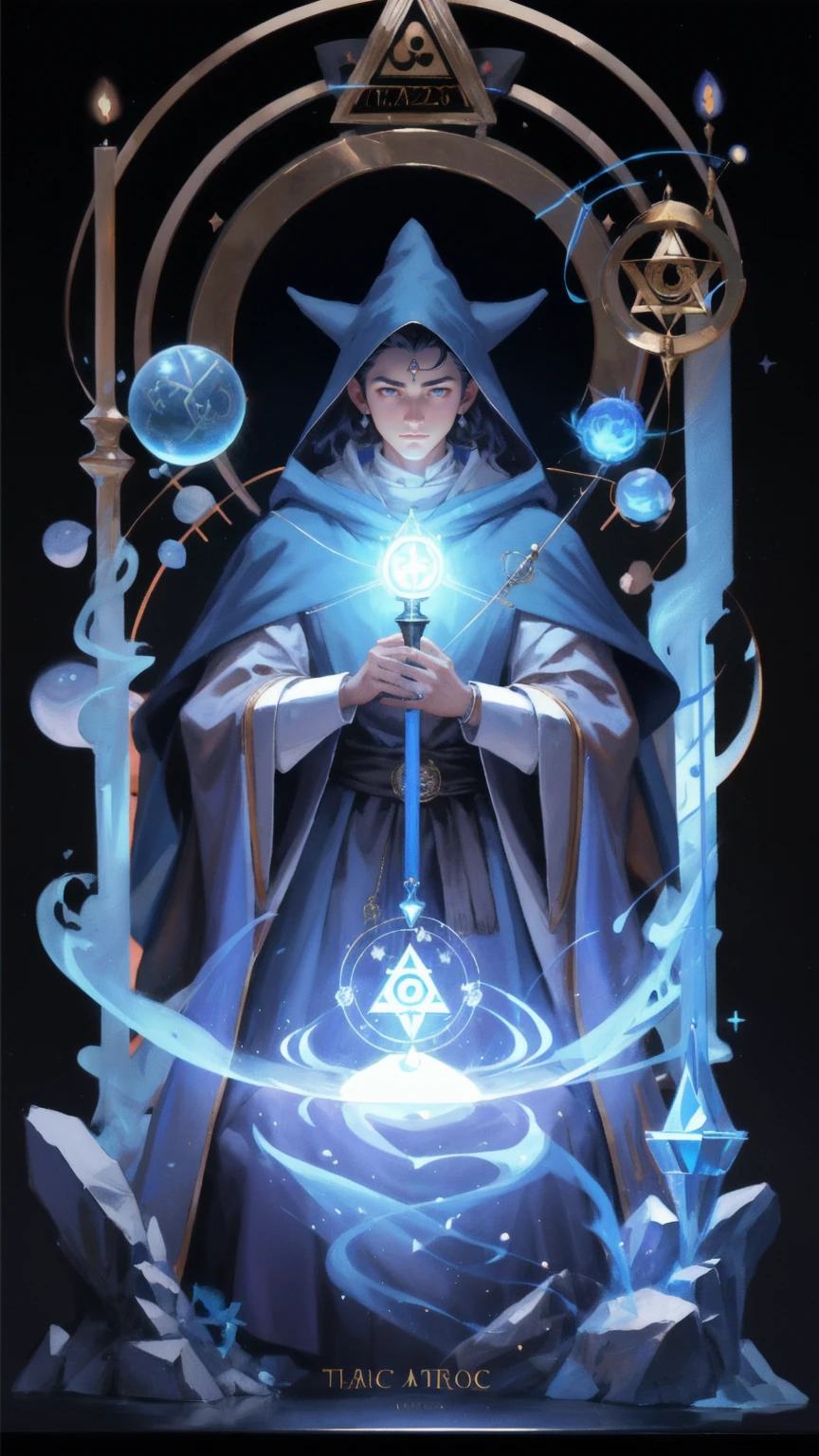 arafed image of a wizard with a magic wand and a lot of symbols, concept art inspired by Keos Masons, Artstation contest winner, metaphysical painting, typical cryptocurrency nerd, 2 1 st century monk, an arcane wizard casting a spell, the wizard, wizard pondering his orb, an alchemist gnome, masonic art, an alchemist