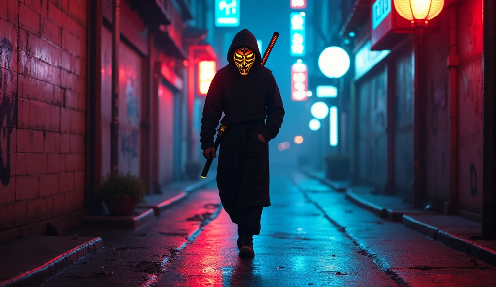 Make a ninja walking down a neon-lit alley while he has his hand in his pocket and an oni mask in his mouth, he has a very large katana on his back with a neon dragon-shaped mask, make him walk backwards with the camera angle from bottom to top and the giant katana on his back with a dragon shape with a yellow neon