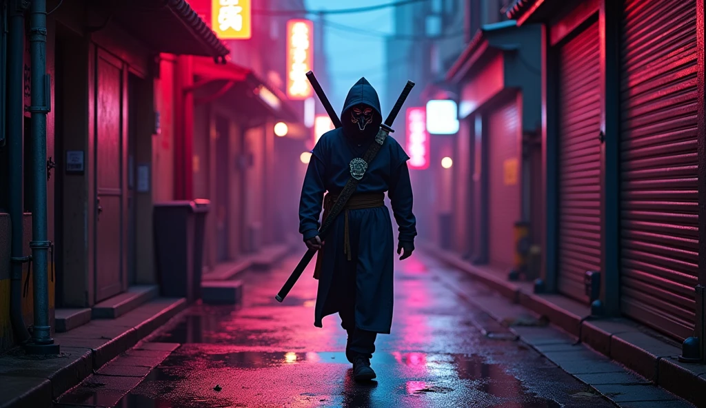 Make a ninja walking down a neon-lit alley while he has his hand in his pocket and an oni mask in his mouth, he has a very large katana on his back with a neon dragon-shaped mask, make him walk backwards with the camera angle from bottom to top and the giant katana on his back with a dragon shape with a yellow neon