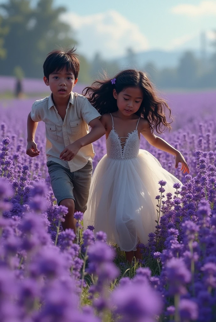 boy, offwhite, blue colored eyes, brown hair running with a indigenous girl with brown eyes and dark curly hair, crying tears of flowers, torn wedding dress, in a bunch of purple flowers, desperation, melancholic scene
