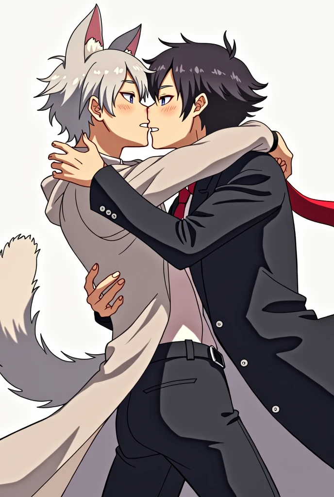 atsushi and akutagawa from bungo stray dogs playfully kissing. Draw them as they are depicted visually in the Bungo Stray Dogs anime. 