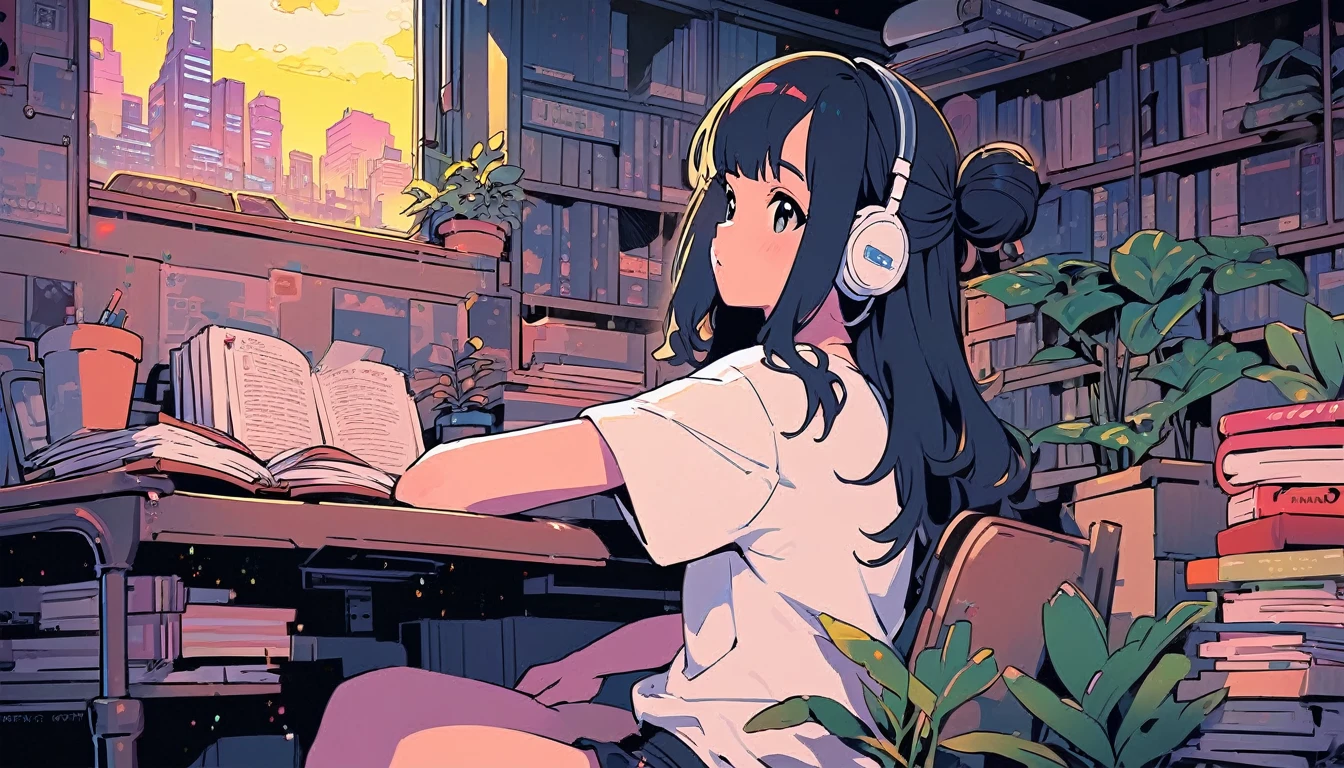 (extremely detailed CG unity 8k wallpaper), (best quality), (best illustration), (best shadow), realistic lighting, beautiful detailed reglow, masterpiece, best quality, lofi artstyle, lofi art, 80s anime style, Retro, Lo-Fi, Lofi Sensation, Portrait of Lofi, Lofi Colors, Lofi Vibes , Lofi atmosphere, Lofi hip hop,

1girl, solo, long hair, shirt, black hair, sitting, white shirt, short sleeves, shorts, indoors, hair bun, book, window, night, single hair bun, plant, t-shirt, building, rain, city, open book, bookshelf, potted plant, cityscape, book stack, wireless headphone