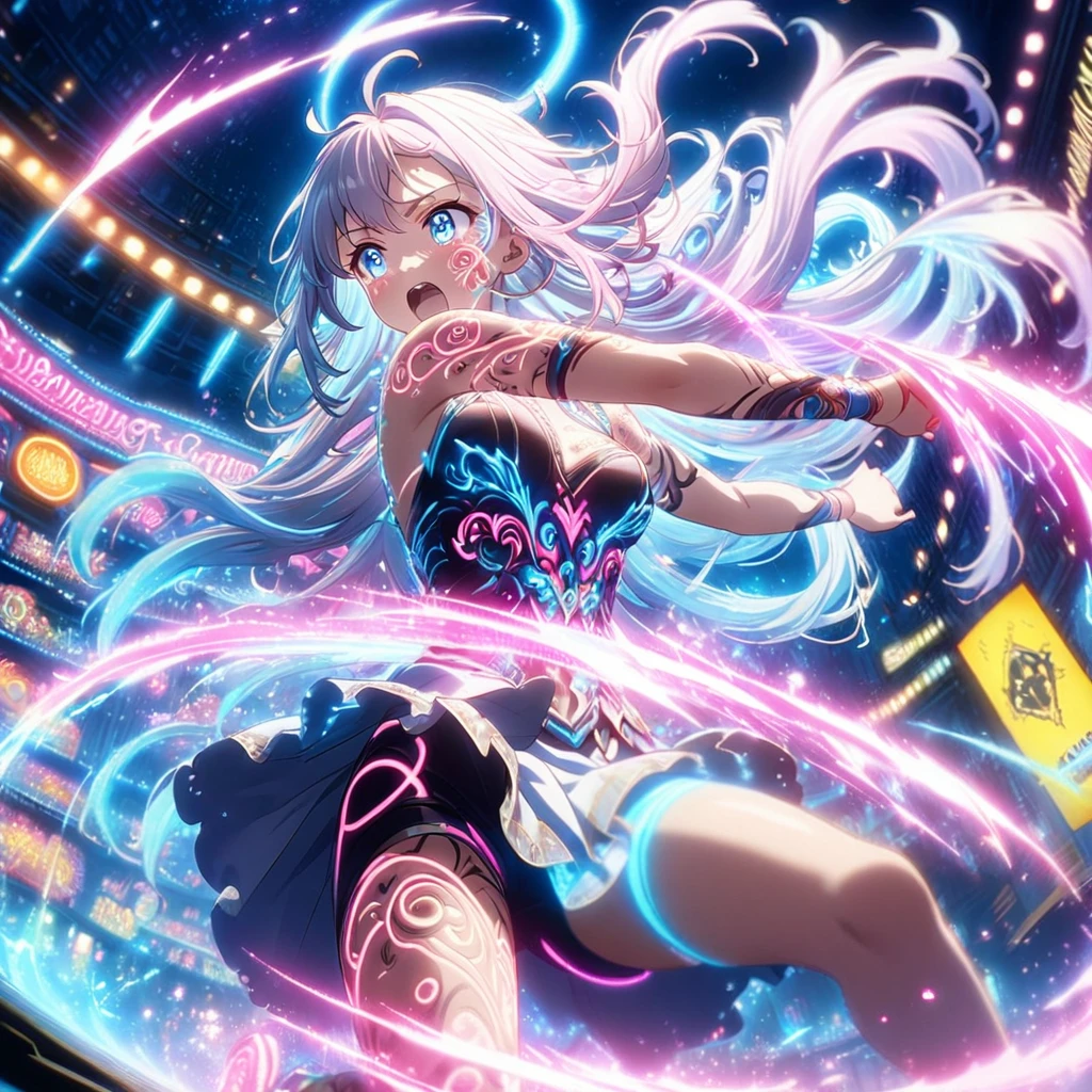 Action Scenes,Fight,Anime screenshots、 Artistic anime illustration of a woman adorned with glowing neon 電子回路 tattoos all over her body and face。 Arm and leg tattoos mixed pink, Blue and white runes、It emits a neon light。 She has been a long time, Flowing Hair.、、 This scene、Dreamy soft focus effect.sword、 Highlight the dreamy glow of your tattoo.、front,Slashing,neon,Finding,Spinning