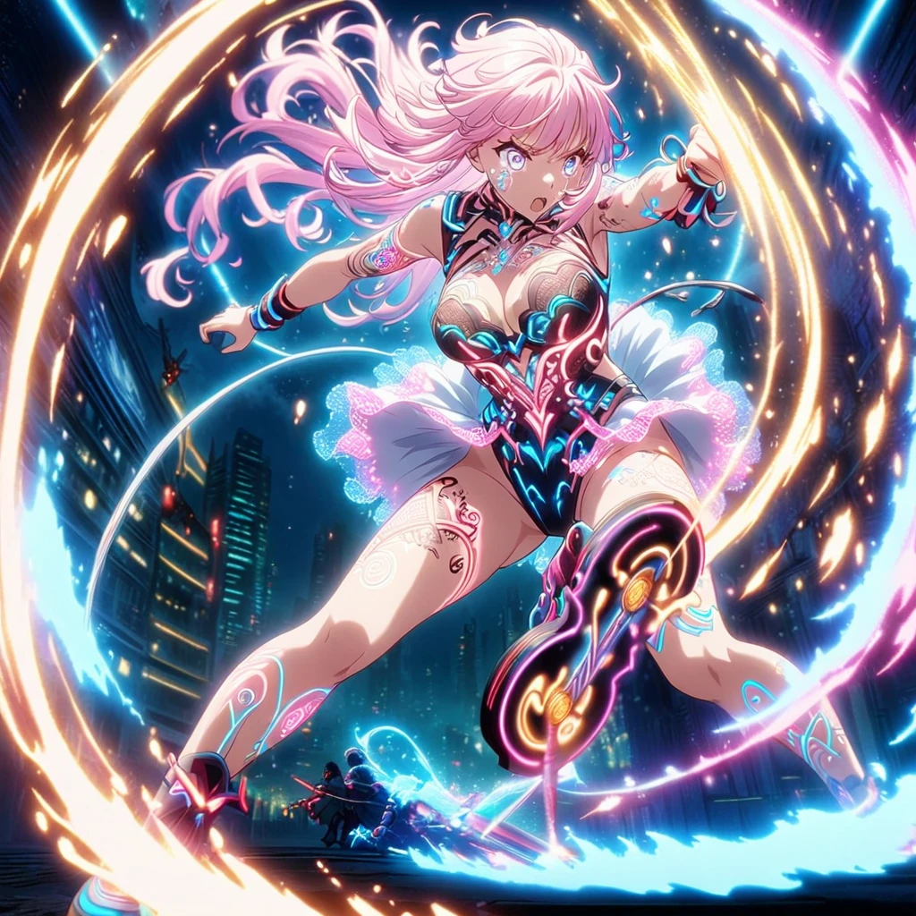 Action Scenes,Fight,Anime screenshots、 Artistic anime illustration of a woman adorned with glowing neon 電子回路 tattoos all over her body and face。 Arm and leg tattoos mixed pink, Blue and white runes、It emits a neon light。 She has been a long time, Flowing Hair.、、 This scene、Dreamy soft focus effect.sword、 Highlight the dreamy glow of your tattoo.、front,Slashing,neon,Finding,Spinning