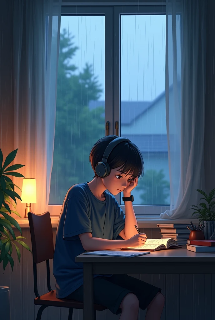 A anime boy is listening music with headphones and reading and writing on his desk near the window. Outside the window is raining . Headphone on