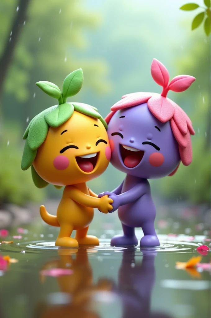 apnaeditz.com

effect in the background, water droplets reflecting light

[3D animation, stylized, reminiscent of the work of Pixar and Studio Ghibli], [soft diffused lighting, vibrant colors, glossy textures, shallow depth of field, bokeh

Two adorable, cartoon-like figures with emoji head, a yellow one with green leaves a purple one with pink leaves, hold hands, standing on a wet surface, with their reflections shimmering below. They are smiling, radiating joy and love, in a serene, natural setting. also raining