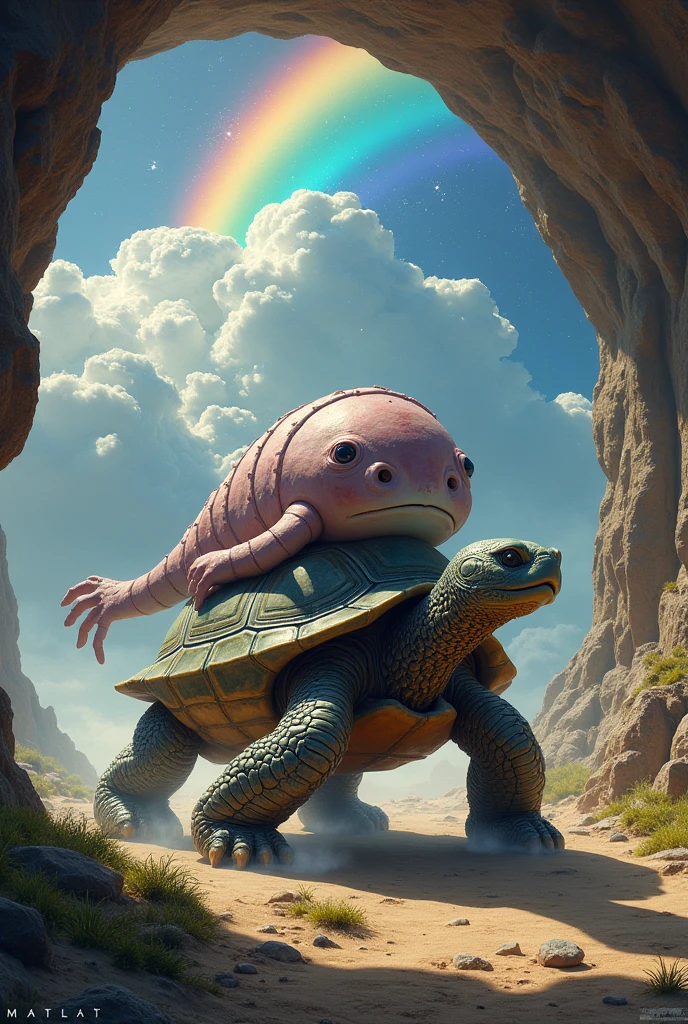 strange place and aliean in turtle form was bringing an big entity on a strange magical vehicle but beutiful while going to thier residence.the cloud have a sparkling rainbow flying on the entrance of a cave