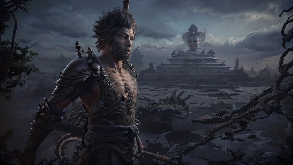 wukong \(black myth\), A boy alone holds a stick and looks at the huge Buddha statue formed by the clouds ,Delicate eyes, Hairy chest, armor, Scapula, Hair accessories, The whole body is in the picture, Sky, Tree, Unreal Engine, 8K, detail,