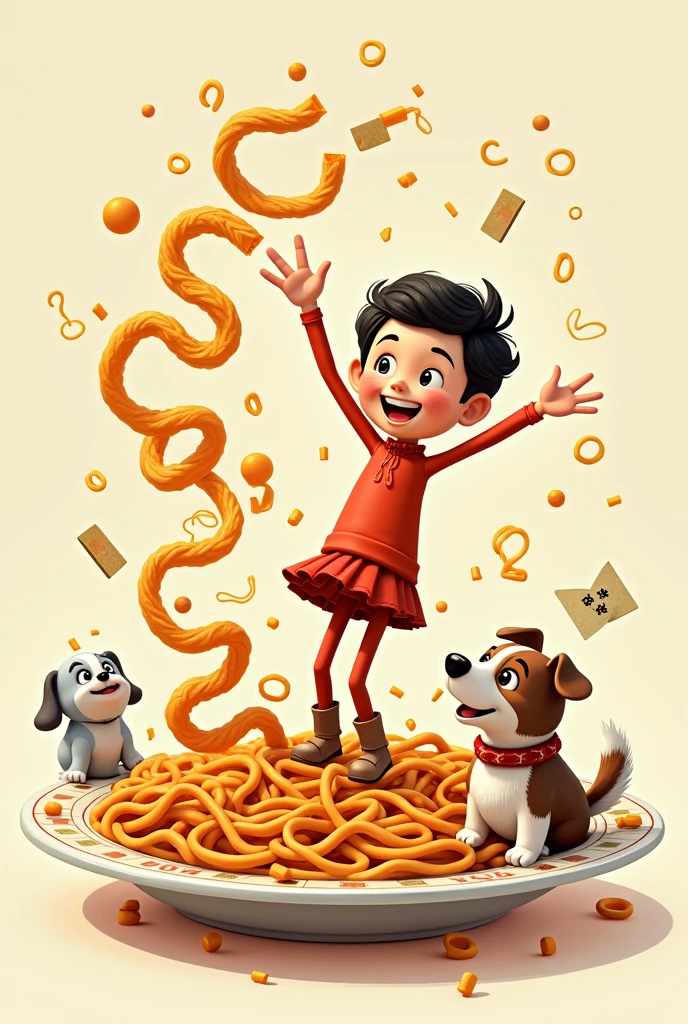 Dancing noodles with human and dog in the plate