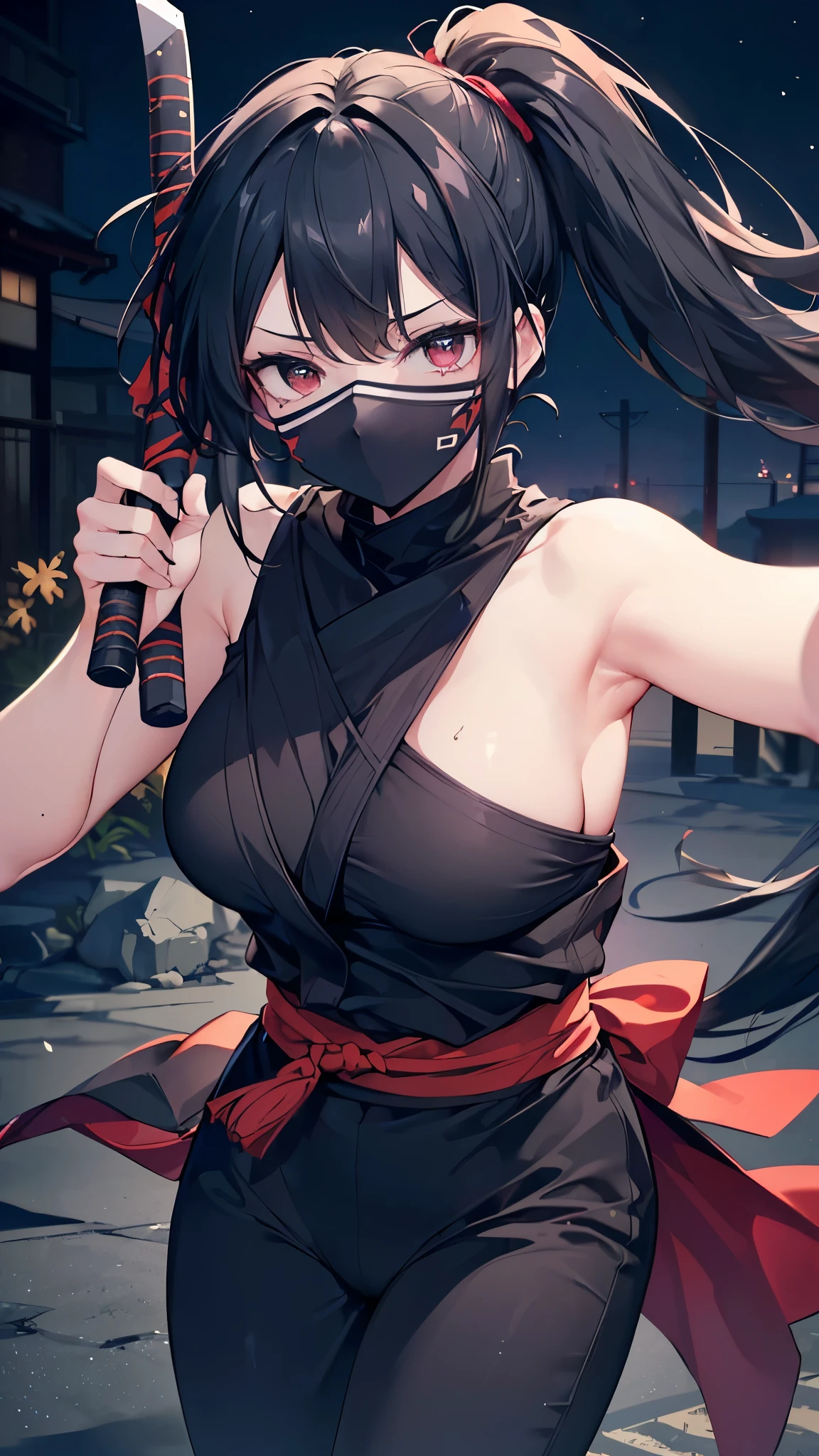 (((Best quality, 8k, Masterpiece: 1.3)), ((best quality)), ((masterpiece)), (detailed), perfect face, black hair, side ponytail, mouth veil, (ninja), female ninja, grim expression, holding a Japanese sword, running in the dark night, ninja costume