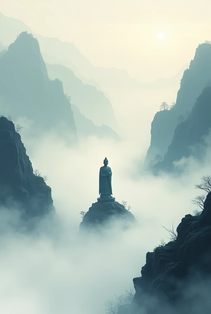 Chinese ink painting mountain、A thick fog hangs over the place.、A small silhouette of a stone Buddha floating in the mist、Fantastic World、