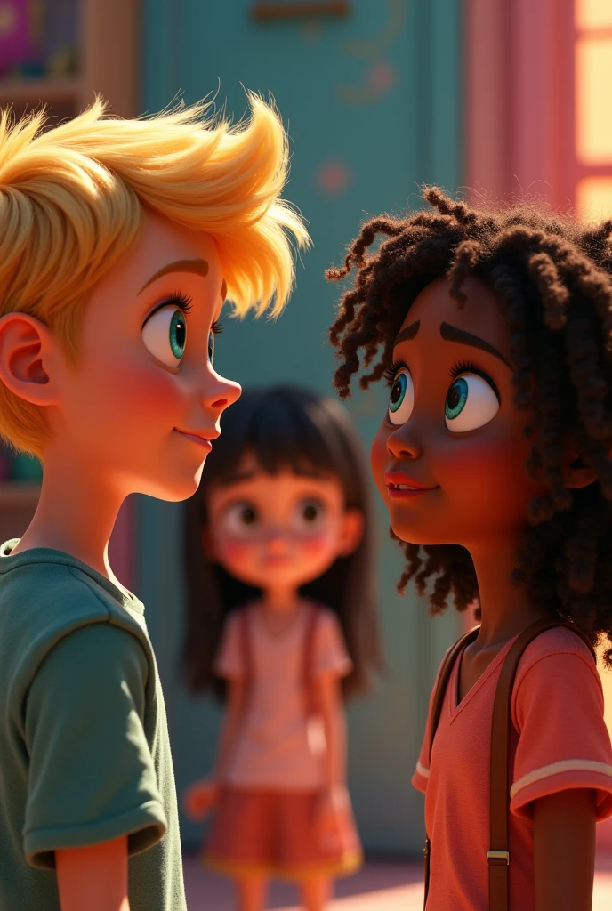 

In this Pixar 2D version photo, a blonde boy with turquoise eyes is talking to a girl with curly brown hair and blue eyes, whose skin is mixed-race. They share a moment of connection, their expressions full of sincerity. In the background, another girl with black hair and bangs watches them while crying, her brown eyes reflecting deep sadness. The scene is captured in a vibrant and expressive style, highlighting the contrasting emotions of the characters in this emotionally charged moment.