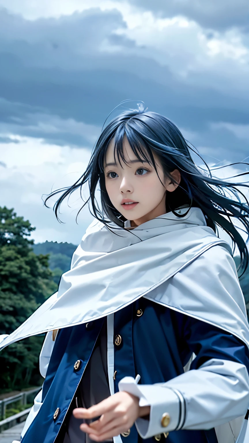 Rimuru=Tempest、Real、whole body、landscape、Deep woods、anime、White skin、masterpiece、high quality、Navy blue coat、cloudy、Beautiful Boy、Androgynous beauty、Long hair fluttering in the wind、Strong winds、Clothes fluttering in the wind、Dynamic pose、Combat readiness