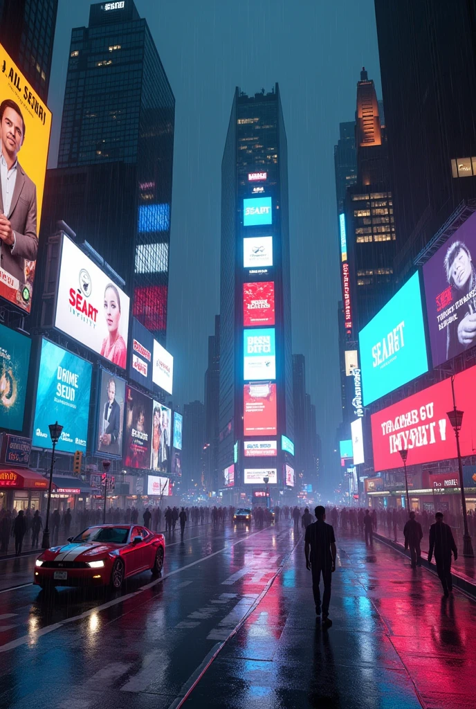 Photographic grade，Movie quality，CG Wallpaper，Cyber Times Square in New York City in the rain，All billboards on the street have"SeaArt Infinity"The text appears
