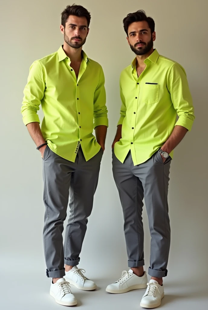 Men wearing lemon green color shirt with gray pants with sneakers.