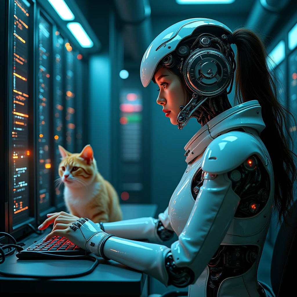 photo-realistic, dramatic scene, cinematic scene, masterpiece, (extremely beautiful Japanese fat girl but cyborg), the strongest army soldier but cyborg of network server engineer, (face focus:1.5), (dynamic angle:1), sitting at the monitoring console at cyber punk server room, a huge amount of cables are connected from her mechanical body with head to the servers, a large amount of complex server cables are in the room, professional light, spot light, (extremely intricated with extremely complex cyber punk mecha armored head gear:1.3), (wearing a form fitting cyber punk mecha armored mecha-suits with bright cyber punk LED marker:1.5), She has a cute cat in the server room, petting a cat