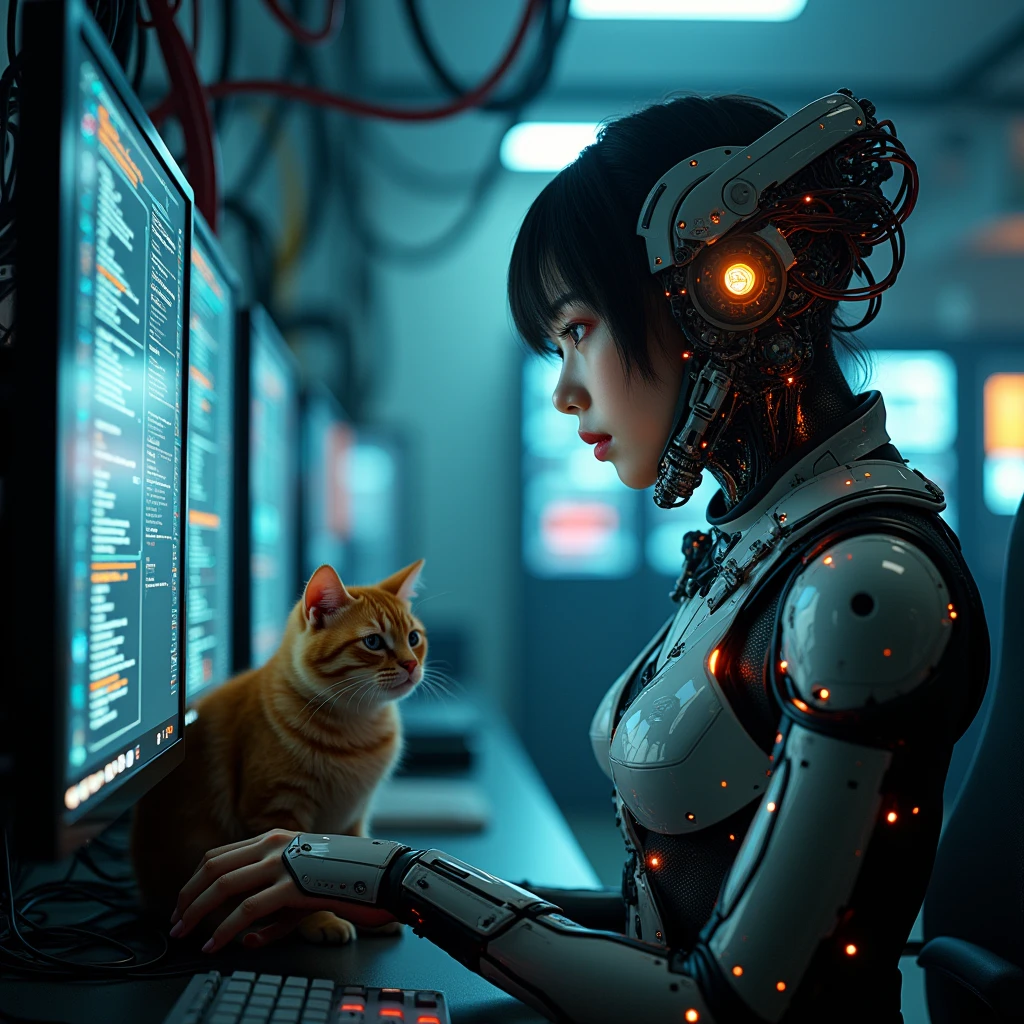 photo-realistic, dramatic scene, cinematic scene, masterpiece, (extremely beautiful Japanese fat girl but cyborg), the strongest army soldier but cyborg of network server engineer, (face focus:1.5), (dynamic angle:1), sitting at the monitoring console at cyber punk server room, a huge amount of cables are connected from her mechanical body with head to the servers, a large amount of complex server cables are in the room, professional light, spot light, (extremely intricated with extremely complex cyber punk mecha armored head gear:1.3), (wearing a form fitting cyber punk mecha armored mecha-suits with bright cyber punk LED marker:1.5), She has a cute cat in the server room, petting a cat