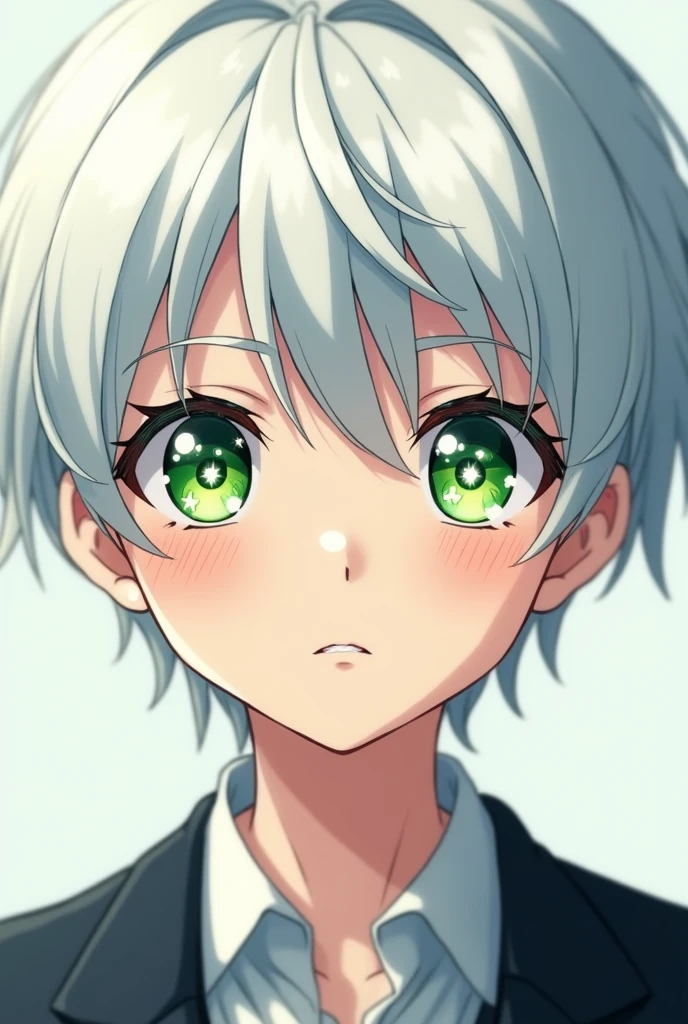Generates an anime style image of a boy with: by white, green eyes, 8-pointed star-shaped white pupils