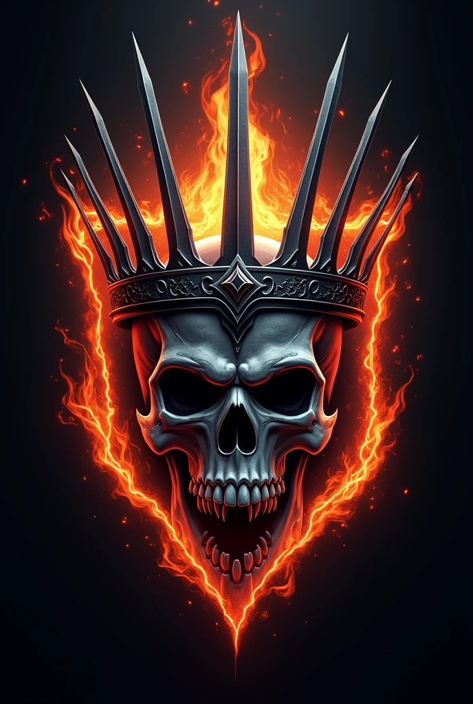 a logo icon of a skull with crown of swords and flames around it