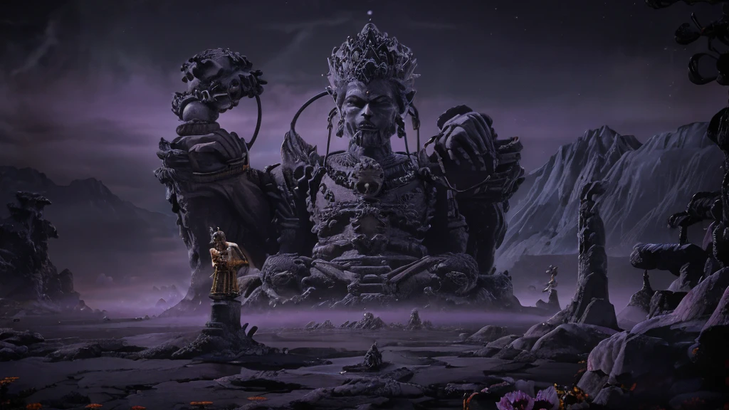 The huge stone Buddha statue, which is made of water and radiates golden light, is gazing at the tiny black monkey king.,((The Black Monkey King is a character from Black Myth: Wukong,Wearing complicated armor,Grin, Big fangs, Purple Skin, Purple cloak, Golden floral decoration, Silver Hair, vein, Skeleton ornaments, Gorgeous, diamond, gem, muscular)),Swinging the Golden Cudgel，Jump up handsomely，After all the hardships，Stand in front of the Buddha statue，Sense of giants，Movie Feel，Lake fog，Perfect composition，close up，Shock