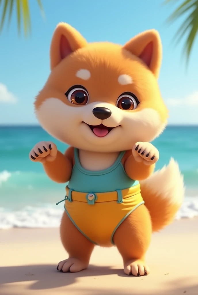 A small Akita dog standing facing forward with its front legs raised。
Big eyes with a cute, human-like expression。Slightly larger head than body。limbs are short。A fluffy, large tail。
Wearing a swimsuit and swim ring。Glossy texture。
The background is the seaside
