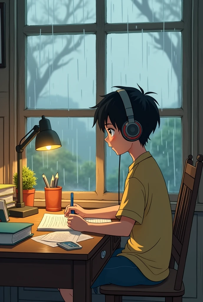 A anime boy is listening music with headphones and reading and writing on his desk near the window. Outside the window is raining . Headphone on . Make it old cartoonistic