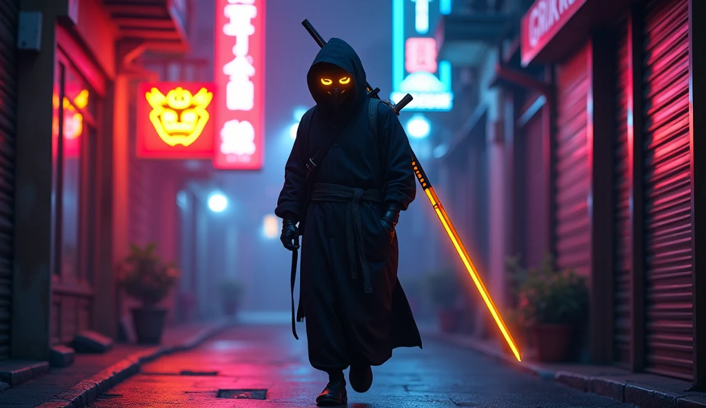 Make a samurai ninja walking down a neon-lit alley while he has his hand in his pocket and an oni mask in his mouth, he has a very large katana on his back with a neon dragon-shaped mask, make him walk backwards with the camera angle from bottom to top and the giant katana on his back with a dragon shape with a yellow neon