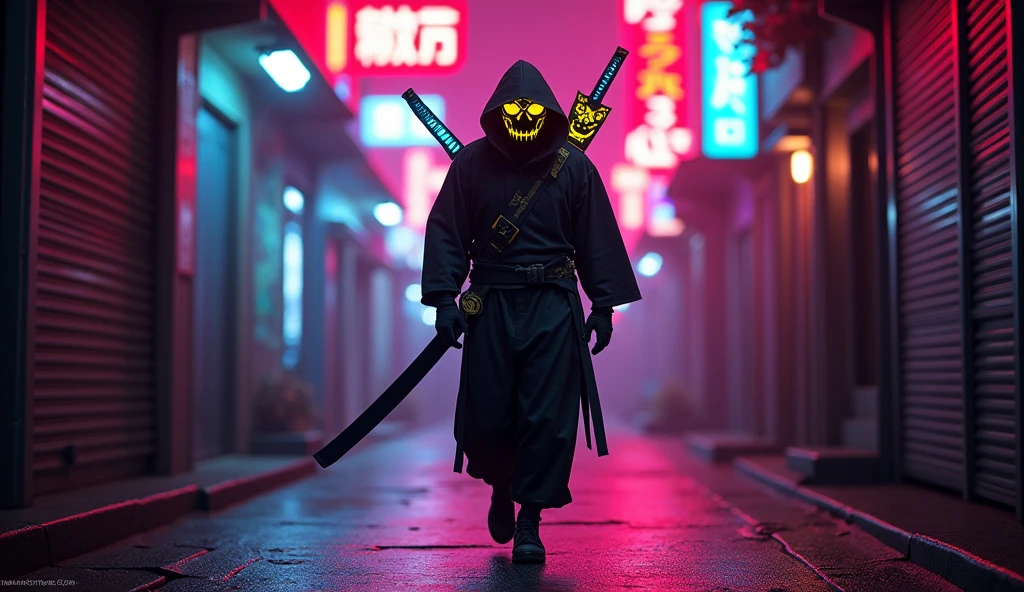 Make a samurai ninja walking down a neon-lit alley while he has his hand in his pocket and an oni mask in his mouth, he has a very large katana on his back with a neon dragon-shaped mask, make him walk backwards with the camera angle from bottom to top and the giant katana on his back with a dragon shape with a yellow neon