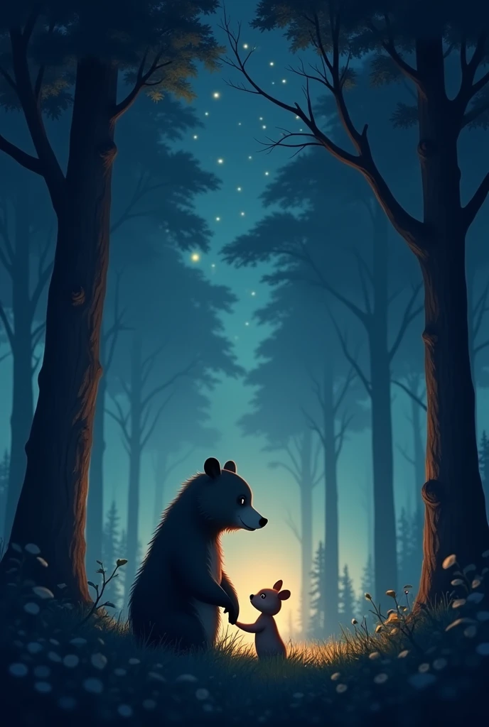 A final, cozy scene of the forest with the bear and the squirrel silhouetted against the night sky, illustrating their strong bond.