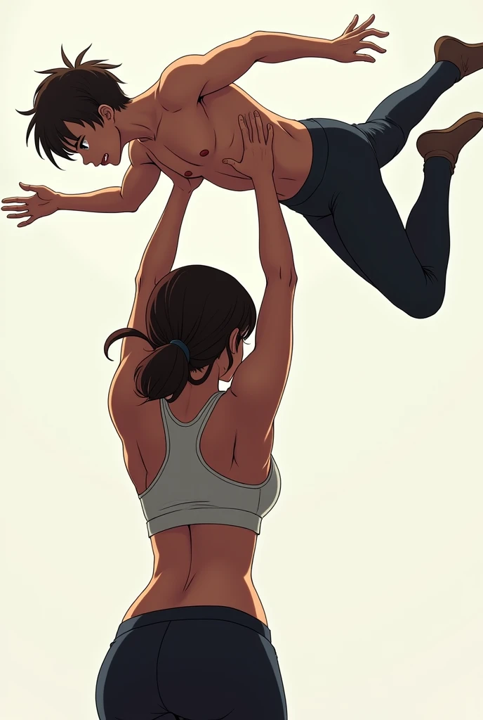 anime art, The girl lifted and held the man high above her head, one hand holds the man by the groin, view from the back, full height 