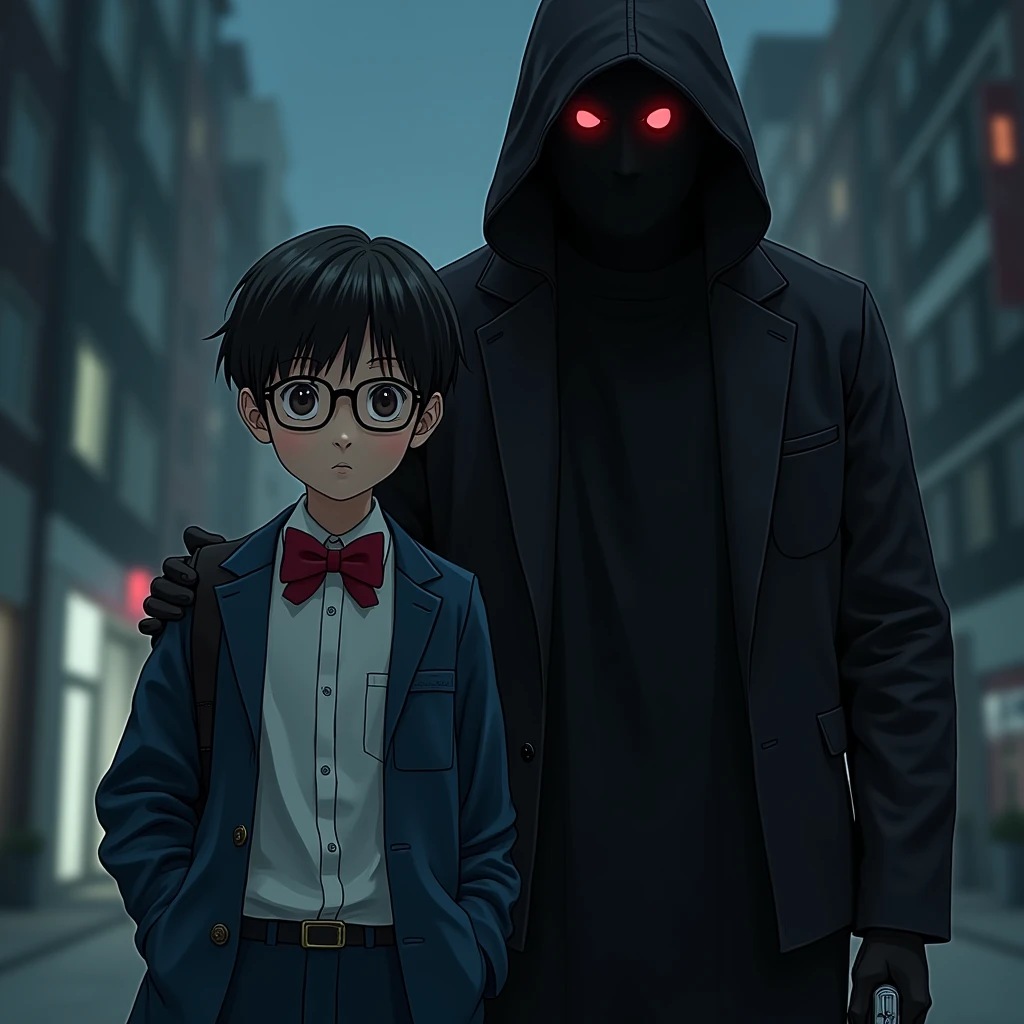 Boy Looks like a child Asian Primary school students Glasses Blue jacket Red bow tie Detailed clothing City of night Next to him was an adult man dressed entirely in black. pistol Suspicious expression Delivery of medicines Crazy look Insanity Ominous look