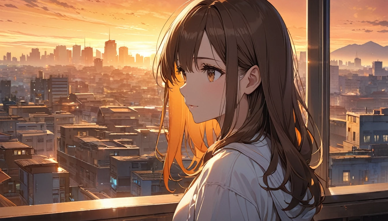 Highest quality,Woman looking out,Brown Hair,dawn,Orange sky,Buildings