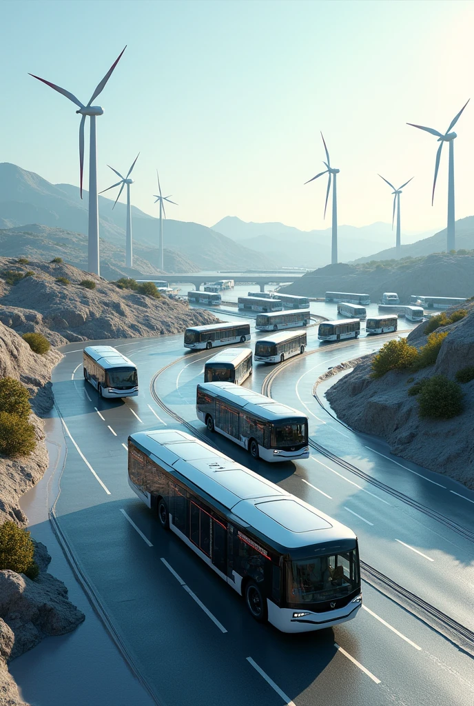 Eolic solar system with hydrogen production in buses. Many buses and production of hydrogen too