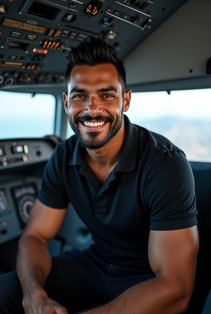 (photorealism:1.2), handsome tanned man, black hair, short beard, smiling, sexy brazilian, slim, , Photorealistic, 8k, highly detailed, cinematic lighting, vivid colors, in airbus cockpit, black polo shirt and black pants