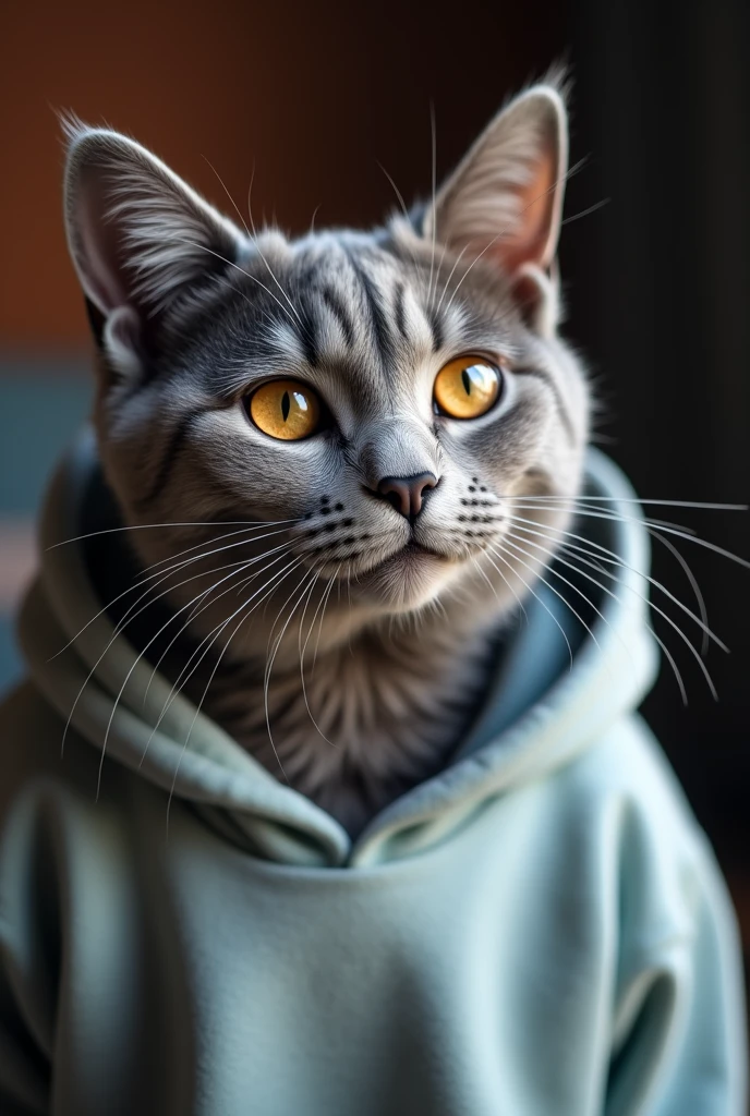 "Generate stylish super high resolution cat images, Gray cat in a sweatshirt. Use advanced macro photography techniques、Highlighting the intricate details of a cat&#39;fur。, Barbados, And expressive eyes.

Place the camera at peephole height, Create an intimate connection between the viewer and the cat subject. Large opening，Achieve a shallow depth of field, Blur the background to make the cat stand out clearly.

Enhance lighting to highlight texture and contours of cats&#39;Body, Software included, Remove coarse shadows、, Cozy atmosphere.

Petting your cat in a relaxed position, But there&#39;s a balance, Expressing flexibility and elegance. Capture the moment with natural movements, stretch, The beauty of pubic hair, hang on., Communicating reality.

Implement post-processing techniques to improve image clarity, Contrast, Color balance, Protection on all sides, from cat&#39; A sharp gaze and complex patterns, Rendered in stunning detail.Finally 8k, Communicating the inherent gentleness and grace of cats。,, Capture the moment，Bless the cat&#39;Unique curiosity and balance."