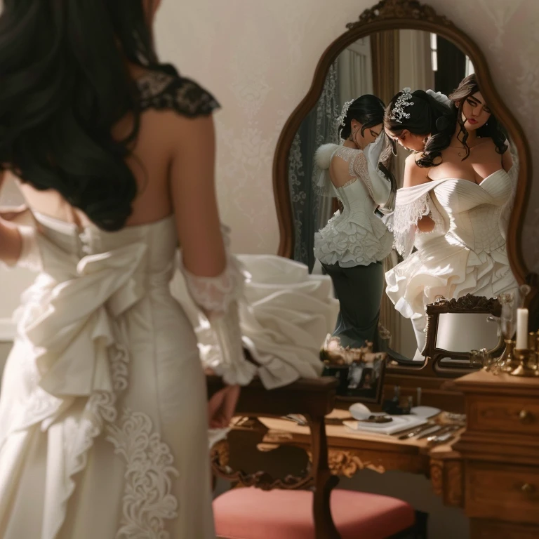 bride getting ready for her wedding day in front of a mirror, exquisite detail perfect, private moment, exquisite details, looking into a mirror, bride and groom, looking in the mirror, details galore, by Emma Andijewska, looking in a mirror, exquisite detail, lots of details, looking in mirror, stunning details, view from behind mirror, incredible details, ponle un vestido negro, elegante a ema