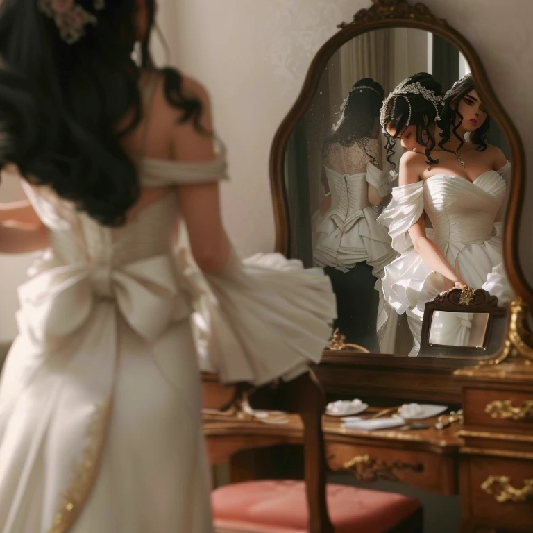 bride getting ready for her wedding day in front of a mirror, exquisite detail perfect, private moment, exquisite details, looking into a mirror, bride and groom, looking in the mirror, details galore, by Emma Andijewska, looking in a mirror, exquisite detail, lots of details, looking in mirror, stunning details, view from behind mirror, incredible details, ponle un vestido negro, elegante a ema