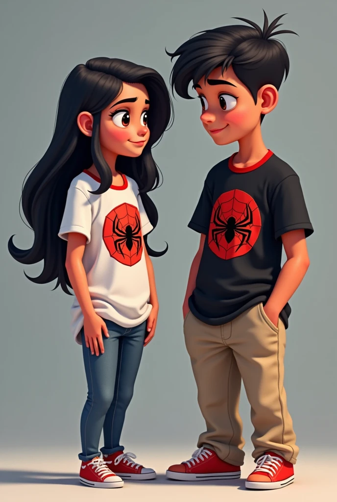 The image you shared shows two animated characters in a cartoon style., both with a youthful appearance and a drawing style characteristic of animated series. 

The character on the left is a girl with long black hair, dressed in a white t-shirt, with the pink spiderman spider logo, revealing part of his abdomen. besides, He is wearing black shorts. His expression is playful or confident, as she appears to be smiling slightly and looking at the male character.

The character on the right is a boy with short black hair. He is wearing a black short-sleeved T-shirt, It has the Spiderman spider logo on the chest in red, beige long pants. He is smiling and has his arms crossed, suggesting a relaxed and perhaps slightly defiant attitude as he looks at the girl.

The background of the image is simple, with grey and black tones, which makes the characters stand out more.