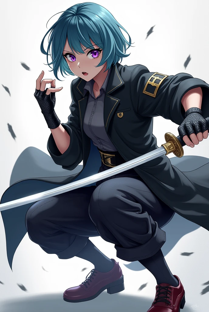 ultra detaild, work of art, best qualityer, standing alone, smug smile,
1 girl, purples eyes, (Short cyan hair, with highlights, shorth hair, tied up hair, medium breasts,
coat on shoulders, pantss jeans, rolled up sleeves, gloves fingerless, combat boots, pants, black greatcoat, 2 Katanas (1 in each hand) crouching battle pose, movement with the katana