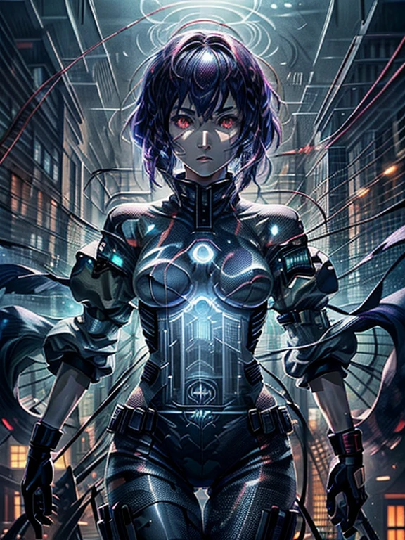 Ghost in the Shell, Motoko Kusanagi, very beautiful face, Purple short bob cut, Slightly asymmetrical bangs, red eyes, ((Optical Camouflage Suit, Optical camouflage suit from the neck down), (Double exposure on the neck down:1.3, double exposure), Jump up into the sky, view From above, Facing the camera, The background is Tokyo's buildings at night, Reflective and shiny, ((Night Scenery)), Lots of window lights, Glitching, ((masterpiece, best quality, high resolution))