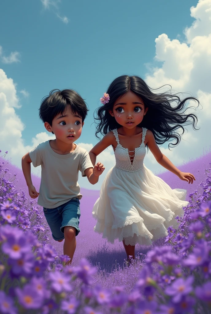  boy, offwhite, blue colored eyes, brown hair running with a  indigenous girl with brown eyes and dark curly hair, crying tears of flowers, torn wedding dress, in a bunch of purple flowers, desperation, melancholic scene