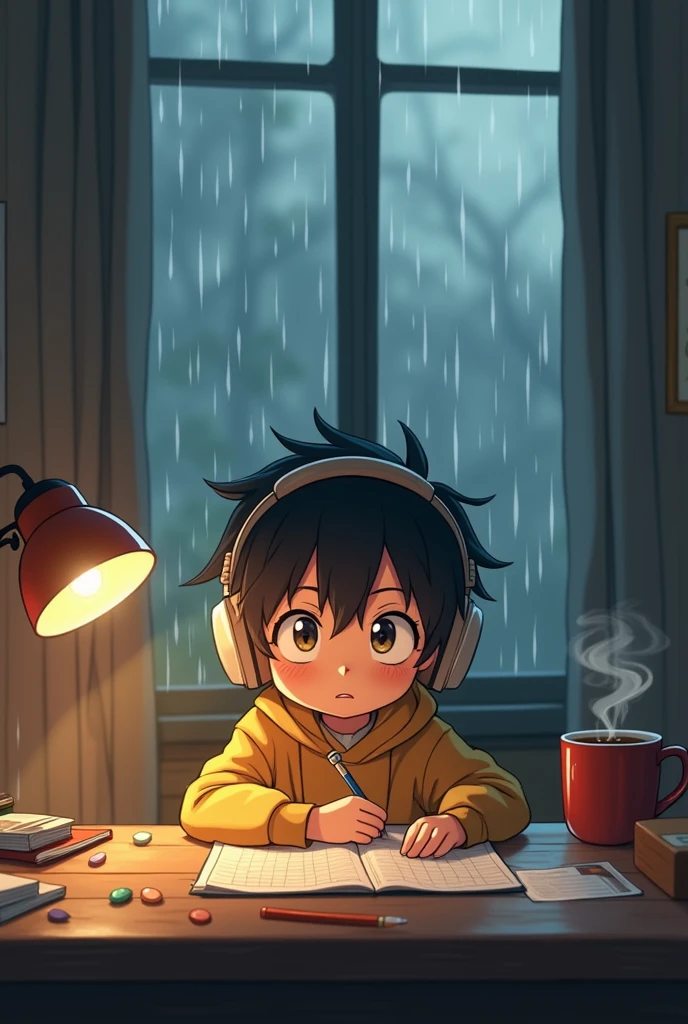 A anime boy is listening music with headphones and reading and writing on his desk near the window. Outside the window is raining . Headphone on . Make it more old cartoonistic.