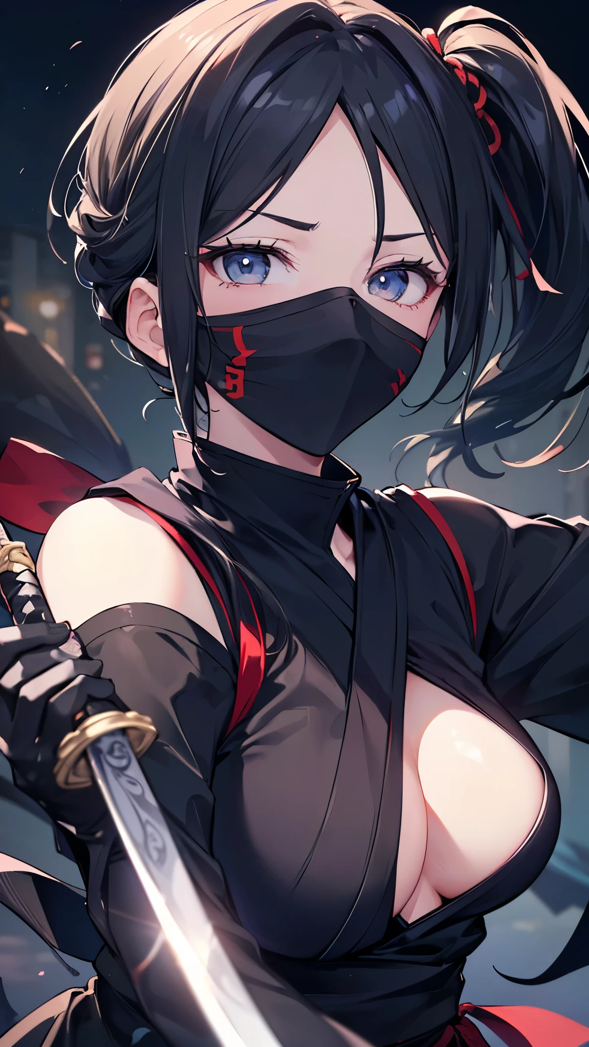 (((Best quality, 8k, Masterpiece: 1.3)), ((best quality)), ((masterpiece)), (detailed), perfect face, black hair, side ponytail, mouth veil, (ninja), female ninja, grim expression, holding a Japanese sword, running in the dark night, ninja costume