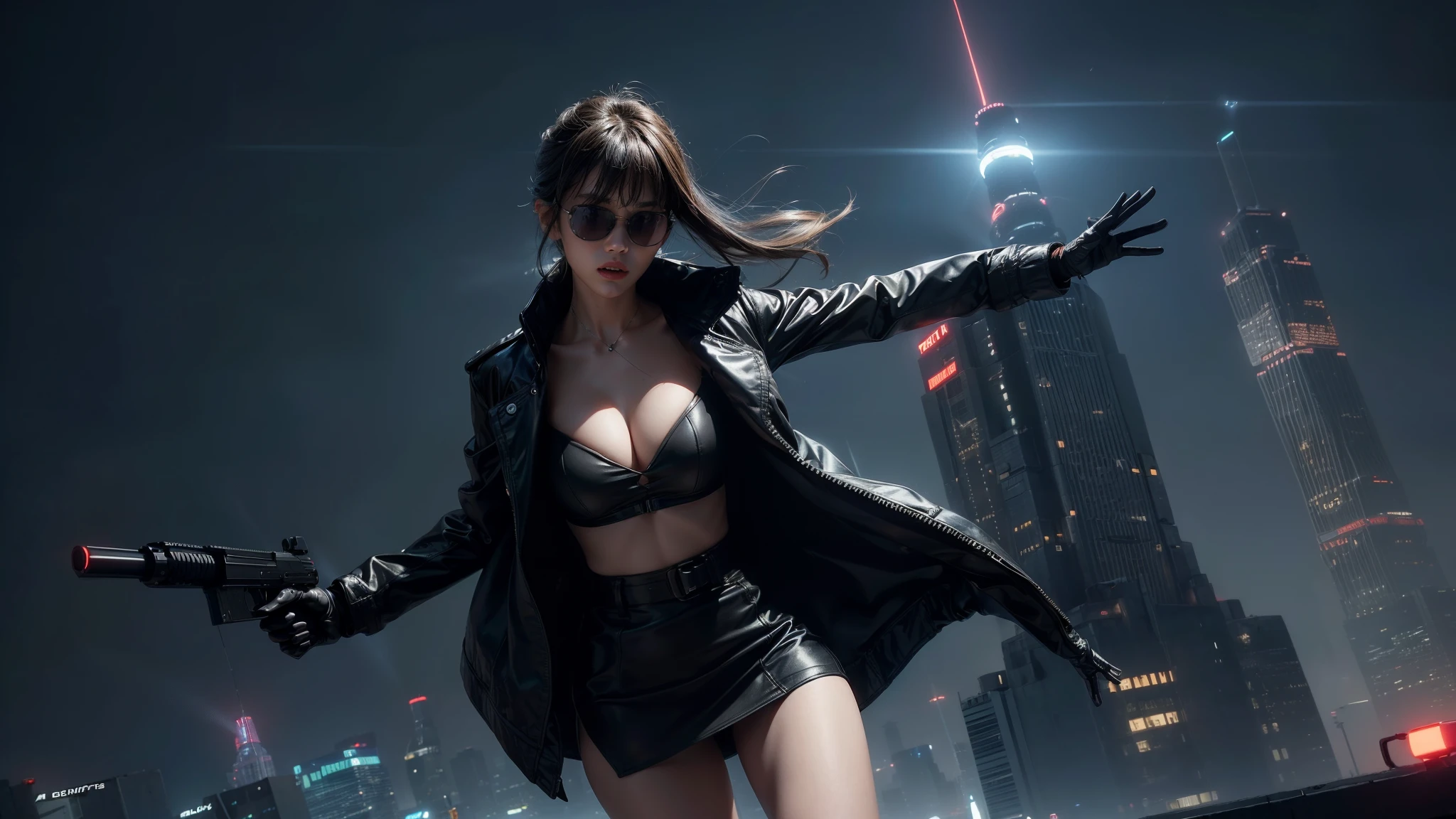 (Wide angle view). Blade Runner style futuristic city, simple outlined neon tall buildings, glowing giant clock tower, flying cars, helicopter, lightning, 3D rendering Beeple. At night, (1girl, solo, alone), photorealistic, medium-breast slim:0.6 body, oval:0.5 face, cleavage:1.1, sexy black laced bra, glove, deep-V, (very low angle view of miniskirt), white laced panty, coat, (Matrix style black micro sunglasses), ((aiming viewer with a short gun)), (running pose), (half-body thigh level close-up shot), cinematic lighting, ray tracing.