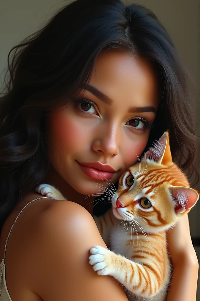 Brazilian woman holding cat near detailed realistic face 