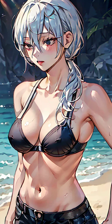Masterpiece,realistic, 1girl,(MyleneHFV4), platinum hair, golden eyes,ringed eyes, single braided ponytail, ((POV, close shot)), black bra,Bra comes off, nipples, highlight breast, side bangs, sweats, pov