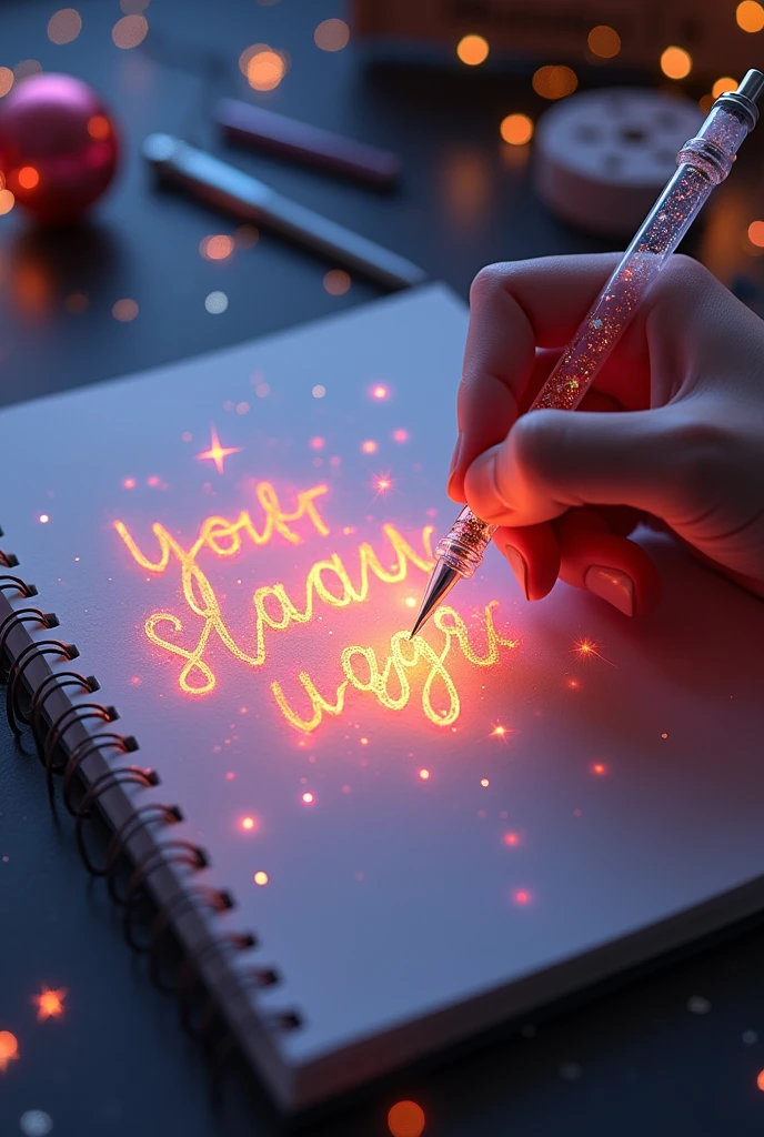 Fascinating, hyper-realistic 16K 3D illustration captures a magical moment of pure creativity. An artist is skillfully depicting a message, "Zhou Zhou -- Jin -- Rm -- Suga -- Jhope -- Jimin -- V -- Jungkook. ", In the notebook. The text is composed of Energetic, The color of the sepia star smoothly transitions across the spectrum. Artist's Hand, Holding a transparent pen filled with bright stars, Exquisite details, Symbolizes unlimited creativity and imagination. The background is a 3D sketchbook setting,Scattered throughout, For this charming, gameffiti-inspired scene. The illustration radiates energy, move, and Energetic colors, Making it a true work of art that celebrates creativity and imagination., game, Movie, Energetic, gameffiti, , typogamephy, product, illustration, photo, 3D Rendering, Fashion, Dark Fantasy