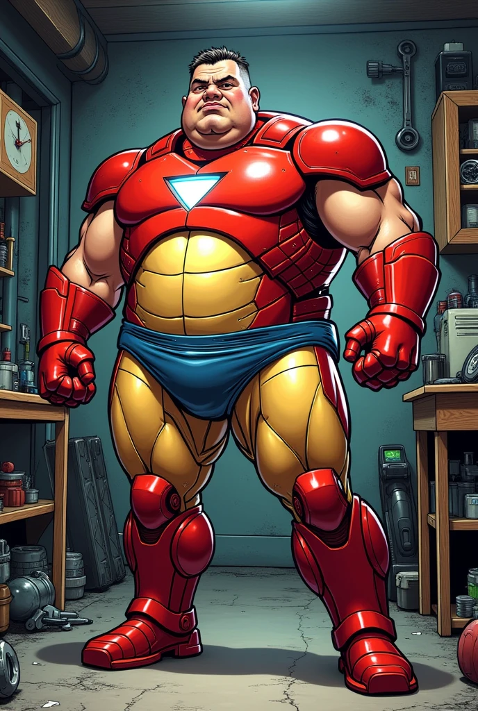 Marvel comics iron man character with iron briefs . corpulent.  Garage Fund